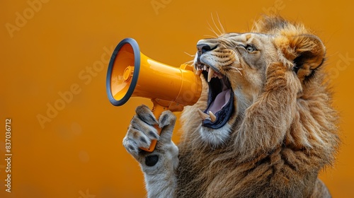 Yellow background with roaring lion holding a yellow megaphone. Web banner concept photo