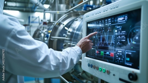 Medical factory worker using a digital interface to monitor and adjust settings on an autoclave tank photo