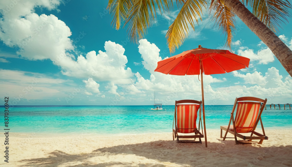 Obraz premium A tropical beach scene with two lounge chairs under a red umbrella, facing the ocean