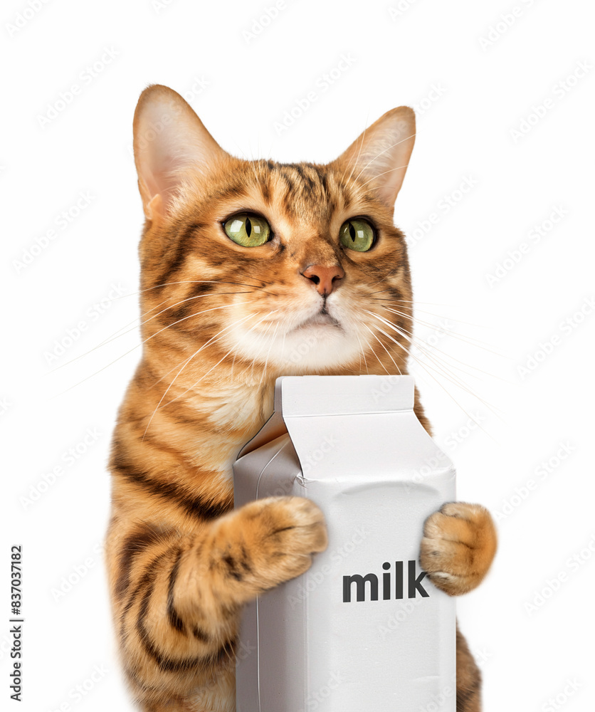 A ginger cat holds a milk carton. A ginger cat holds a milk carton.