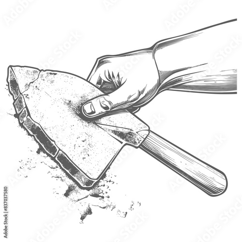 Hand Holding Stone Axe: Primitive Tool Engraving.