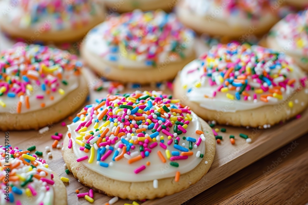 Professional food photography of frosted sugar cookies adorned with colorful sprinkles Professional food photography of frosted sugar cookies adorned with colorful sprinkles