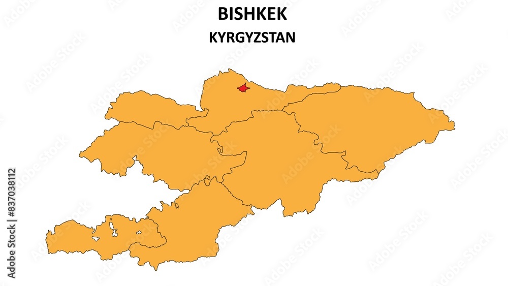 Bishkek Map in Kyrgyzstan. Vector Map of Kyrgyzstan. Regions map of Kyrgyzstan.