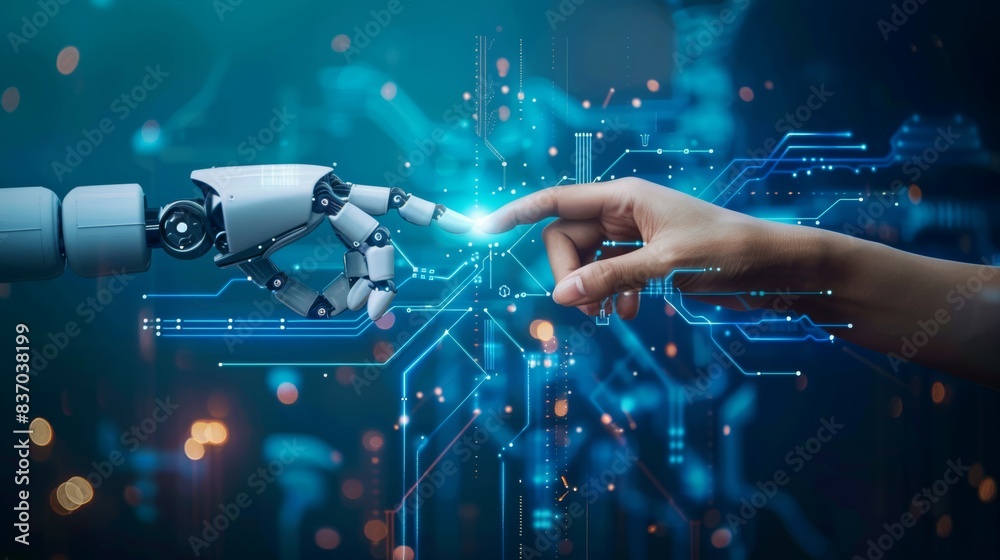 © Wall Art Galerie - A human hand and a robotic hand touch fingertips, symbolizing the growing collaboration between humans and artificial intelligence © Wall Art Galerie - A human hand and a robotic hand touch fingertips, symbolizing the growing collaboration between humans and artificial intelligence