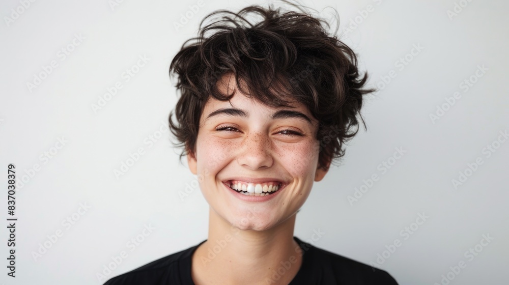 A high-resolution photo of a person smiling brightly, isolated on a white background with clipping path A high-resolution photo of a person smiling brightly, isolated on a white background with clipping path