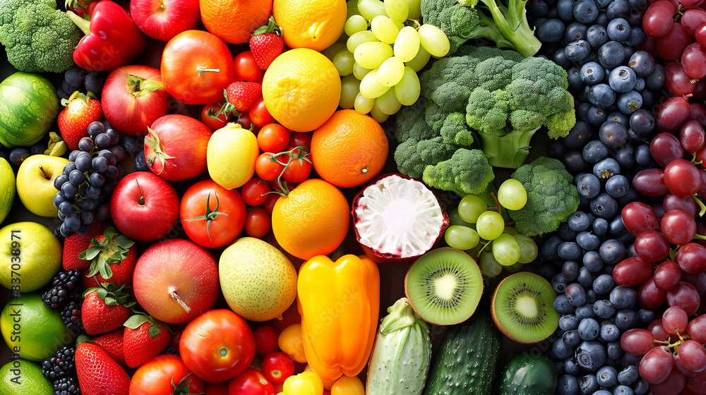 Assortment of fresh organic fruits and vegetables in rainbow colors. Assortment of fresh organic fruits and vegetables in rainbow colors.