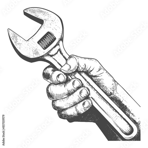 hand holding wrench for construction with engraving style black color only