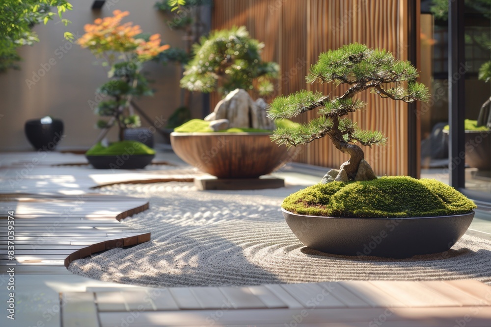 A serene Zen garden, with carefully raked sand and bonsai trees, inviting contemplation and reflection. A serene Zen garden, with carefully raked sand and bonsai trees, inviting contemplation and reflection.