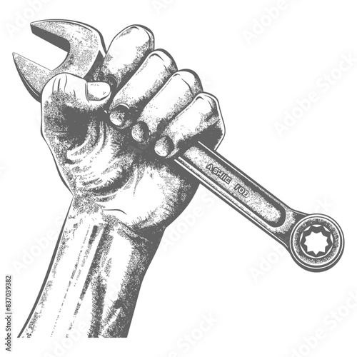 hand holding wrench for construction with engraving style black color only