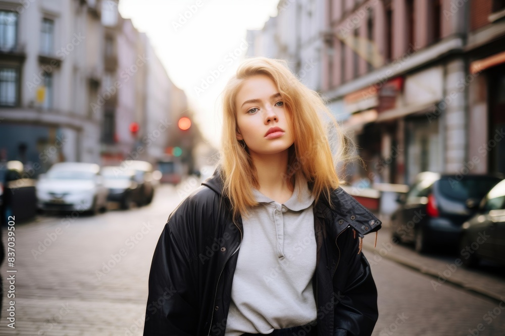 portrait of a young blonde woman on the street