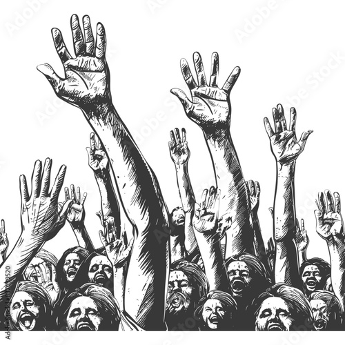 hands raised at a music festival with engraving style black color only