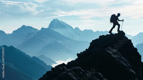 A man is hiking up a mountain with a backpack