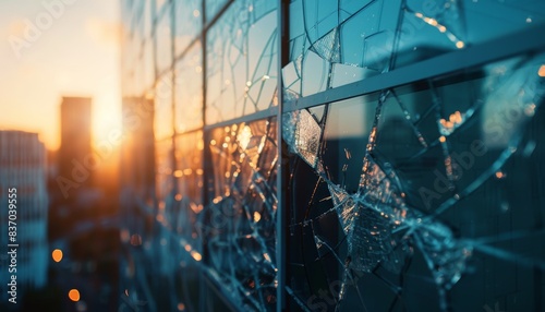 Close-up of damaged office window pane with shattered glass, vandalism or accident concept photo