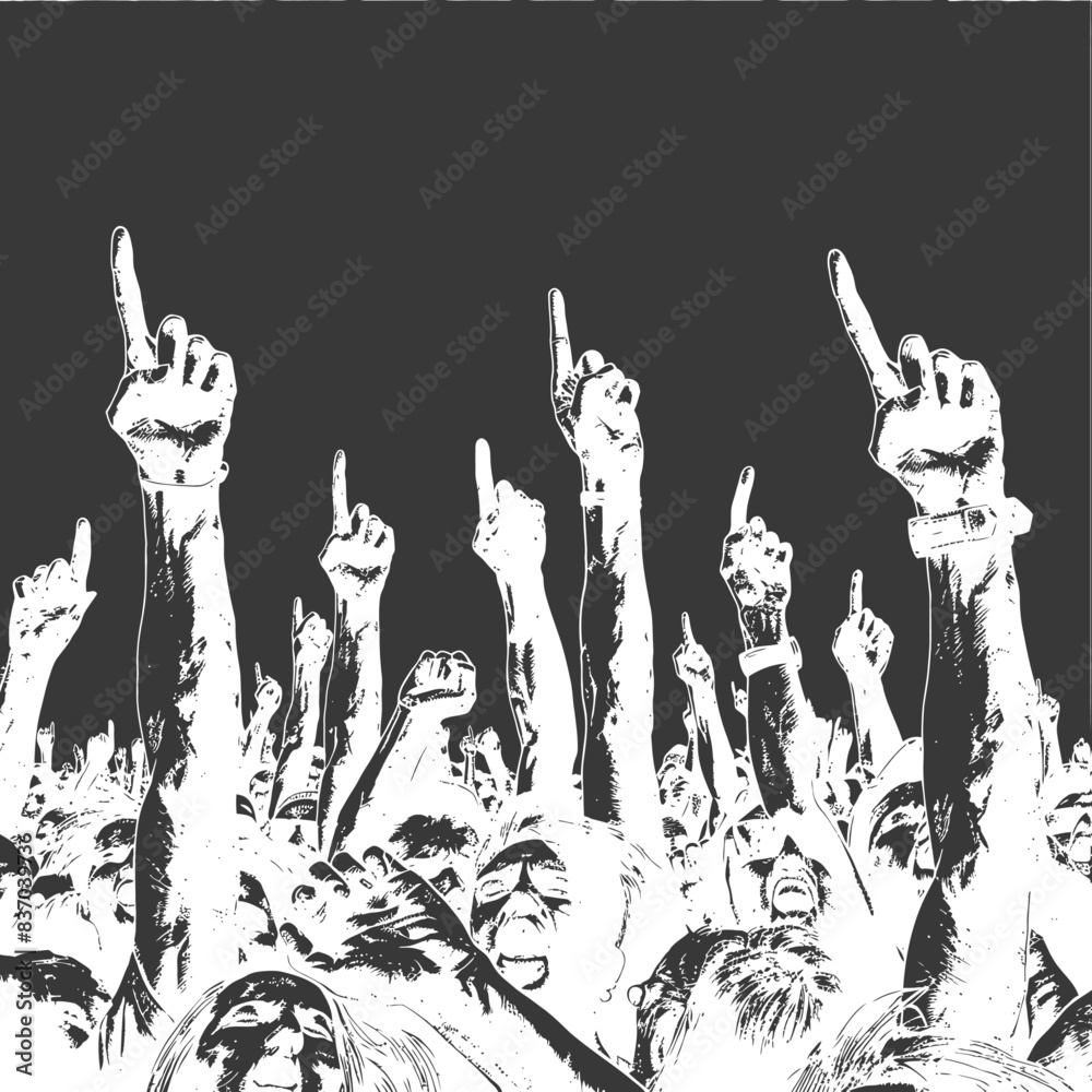 Fototapeta premium hands raised at a music festival with engraving style black color only