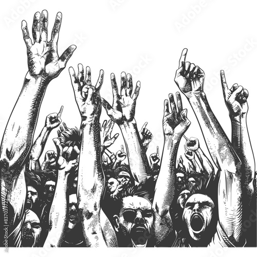 hands raised at a music festival with engraving style black color only