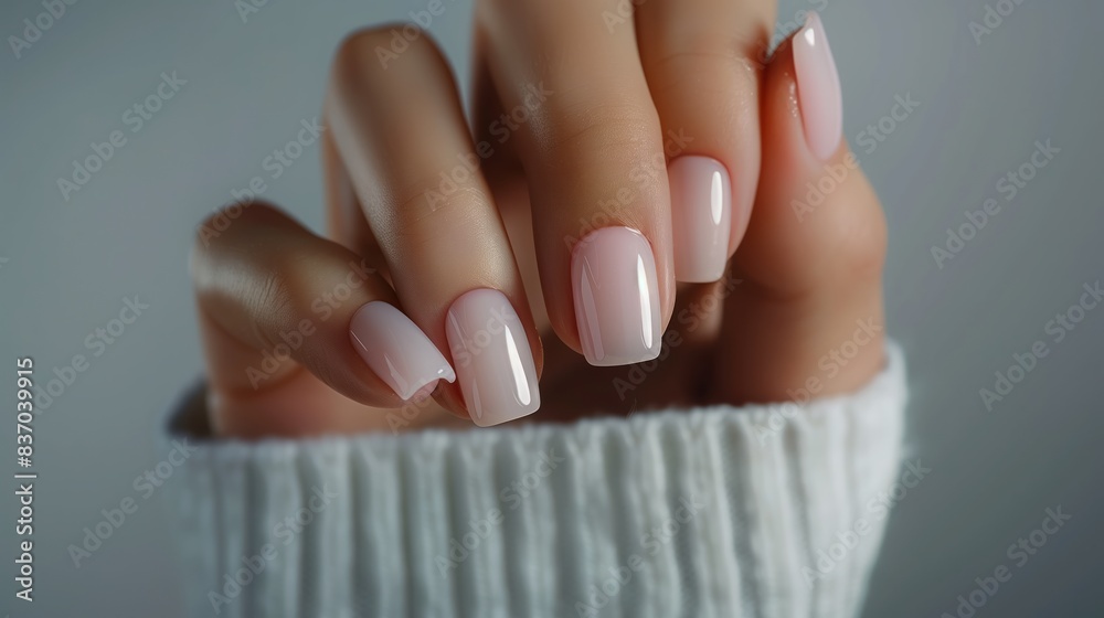 Closeup to woman hands with elegant neutral colors manicure. Closeup to woman hands with elegant neutral colors manicure.
