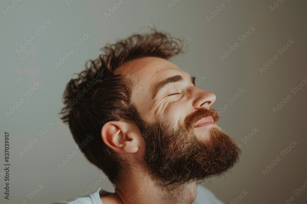 Obraz premium A close up of a man with beard and closed eyes looking to a side