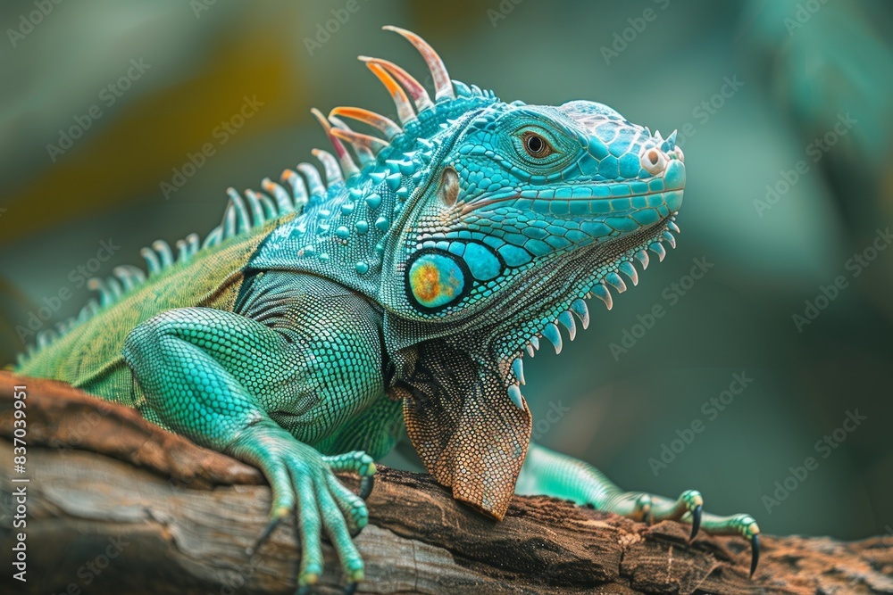 Fototapeta premium A detailed photograph capturing a bright green iguana sunbathing on a tree branch in its native environment