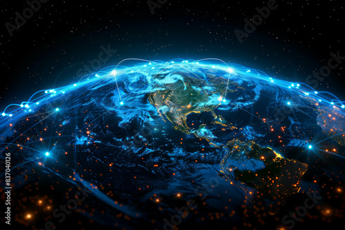 Witness the intricate web of global communication  depicted by a glowing mesh around a 3D Earth model. AI generative.