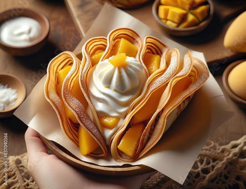 Khanom bueang Thai Mango Sticky Rice Dessert with Whipped Cream, on a wooden plate, with the mango slices and whipped cream layered on top of the sticky rice. photo