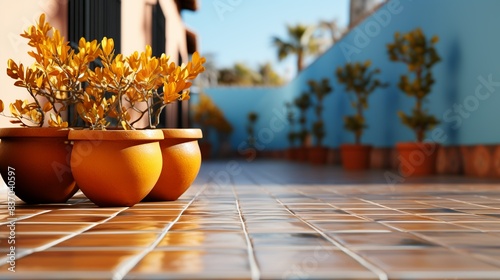 A detailed shot of terracotta tiles with textured surfaces and warm earth tones, providing a rustic and Mediterranean-inspired background for architectural renderings and interior design concepts. photo