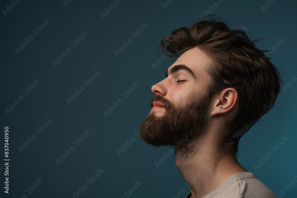 A close up of a man with beard and closed eyes looking to a side A close up of a man with beard and closed eyes looking to a side