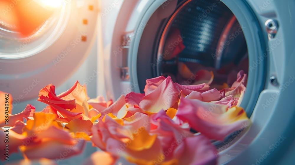 Naklejka premium Washing Machine with Flower Petals and Detergent.