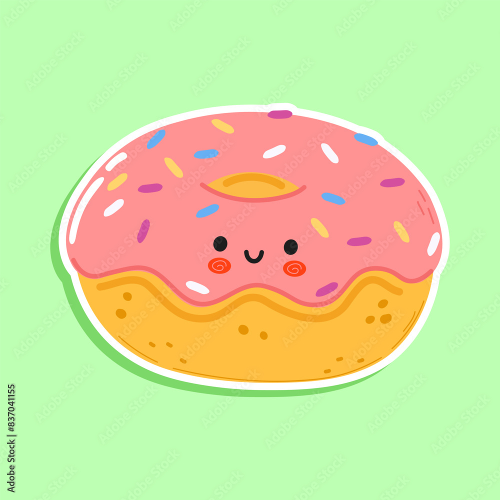 Sticker Doughnut character. Vector hand drawn cartoon kawaii character illustration icon. Isolated on green background. Doughnut character concept Sticker Doughnut character. Vector hand drawn cartoon kawaii character illustration icon. Isolated on green background. Doughnut character concept