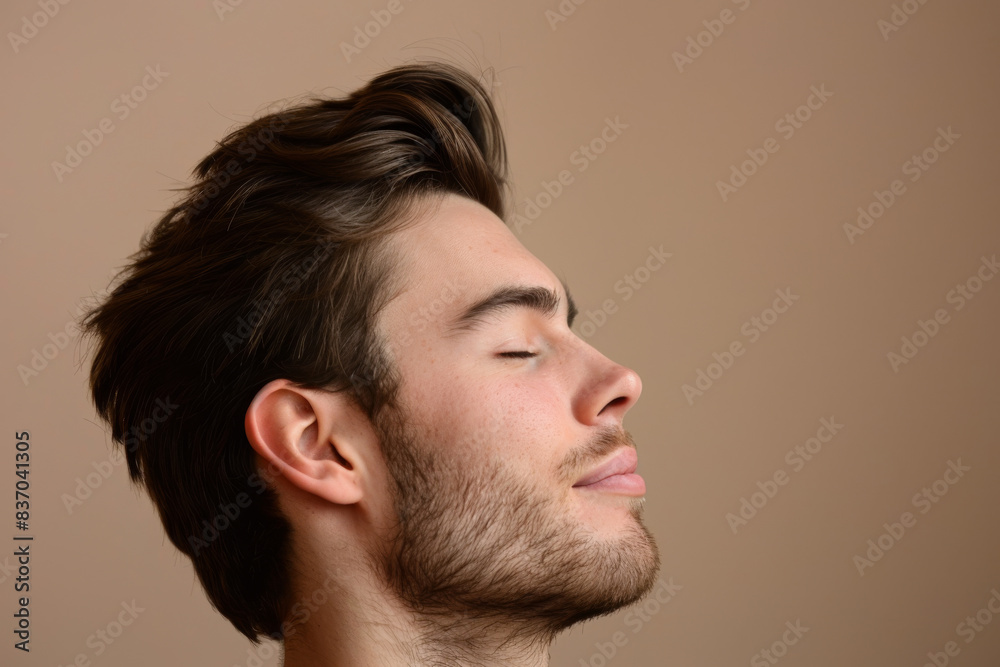 A close up of a man with beard and closed eyes looking to a side A close up of a man with beard and closed eyes looking to a side
