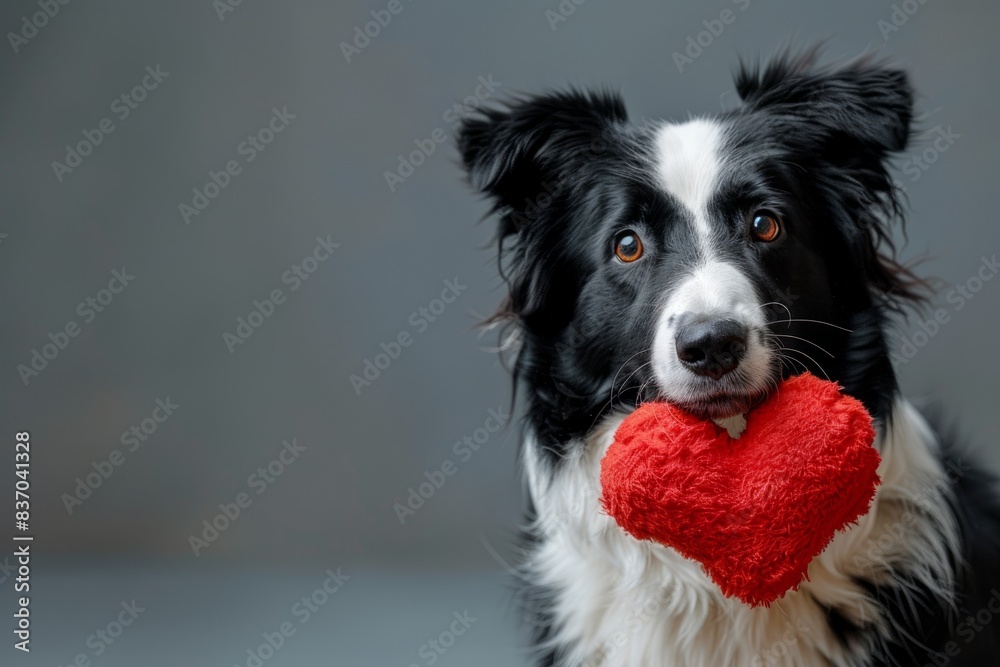 Happy black and white border collie dog holding a red heart-shaped toy