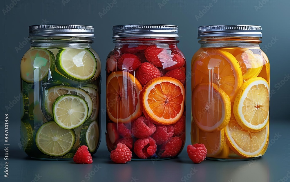 Three jars filled with sliced fruits: cucumber, raspberry, and orange. Fresh, vibrant, healthy ingredients in clear containers on a gray background. Three jars filled with sliced fruits: cucumber, raspberry, and orange. Fresh, vibrant, healthy ingredients in clear containers on a gray background.