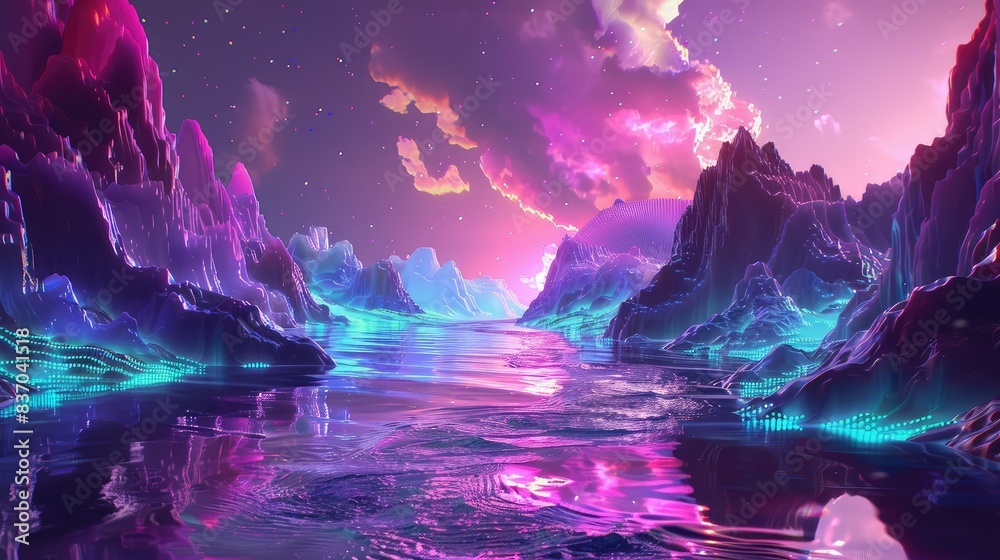 Futuristic neon liquid flow in a digital sky Futuristic neon liquid flow in a digital sky