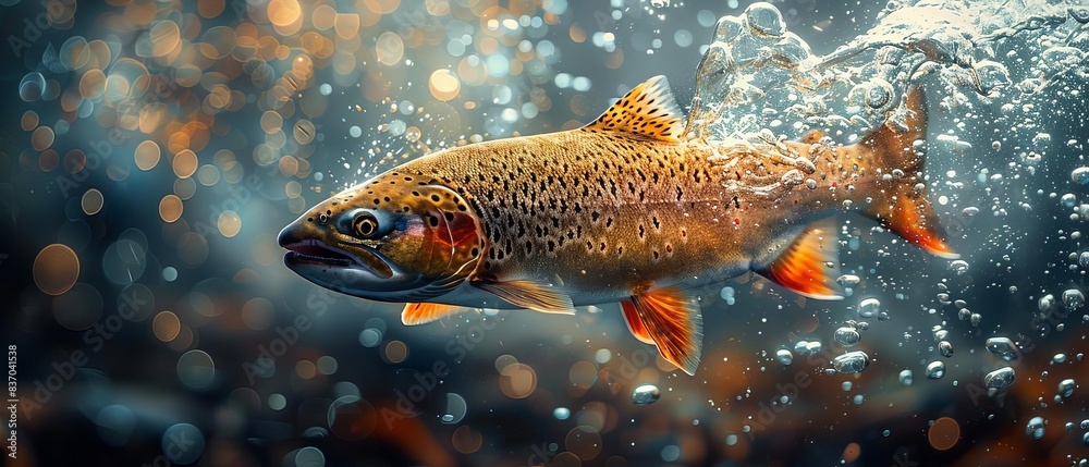 Vibrant underwater scene of a swimming fish with shimmering scales and a beautiful natural background, capturing the essence of aquatic life. Vibrant underwater scene of a swimming fish with shimmering scales and a beautiful natural background, capturing the essence of aquatic life.