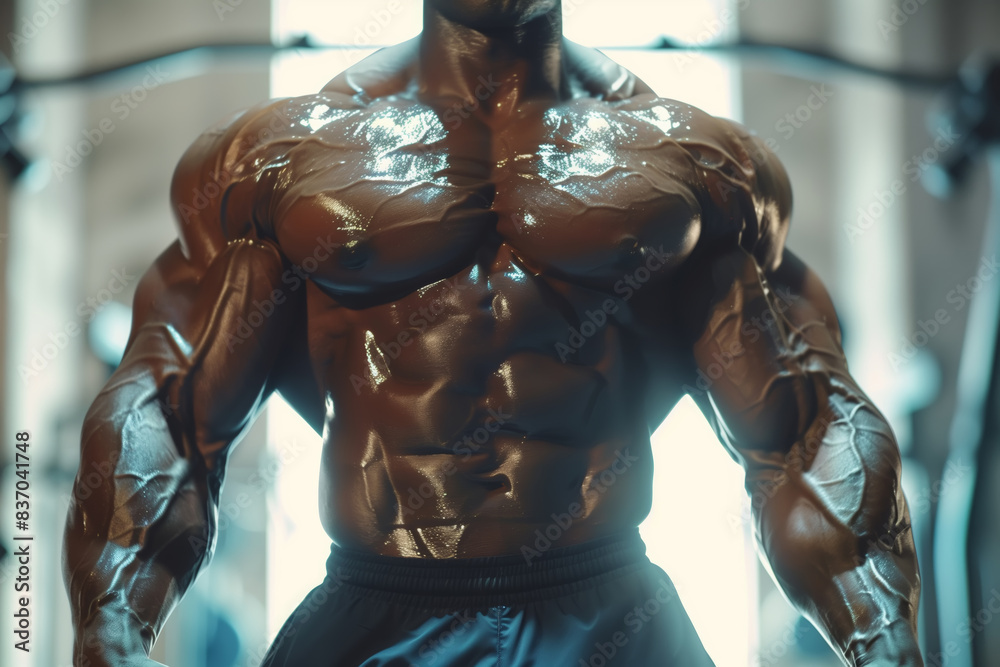 Muscular bodybuilder posing in a gym with defined biceps and chest