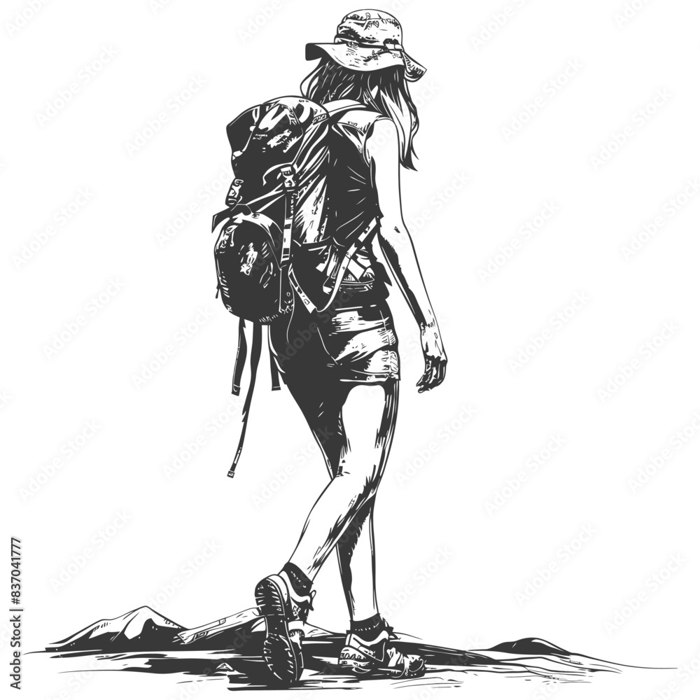 Fototapeta premium hiking woman full body with engraving style black color only