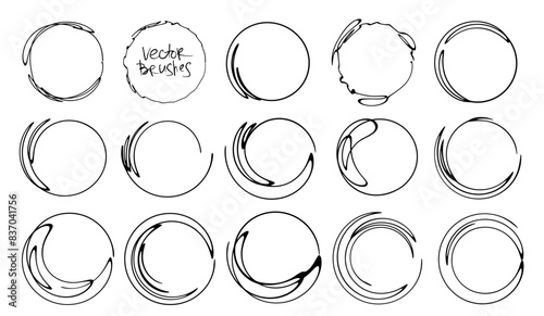 Hand drawn line sketch circle frame set. Scribble doodle circles for design elements, messages. Bubble  squiggles illustration. Vector brushes included. 