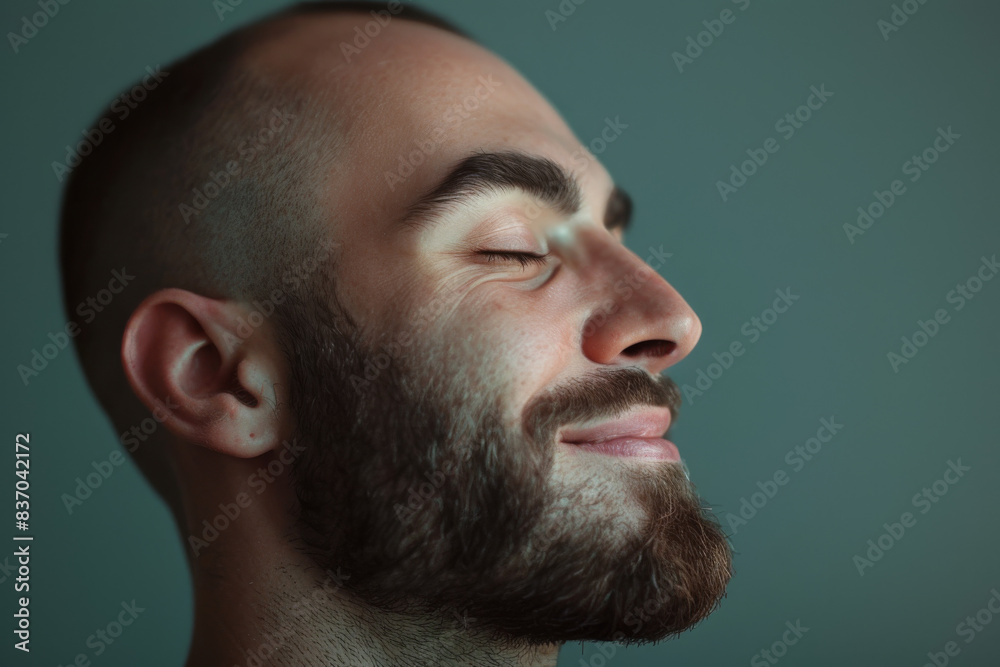 Fototapeta premium A close up of a man with beard and closed eyes looking to a side