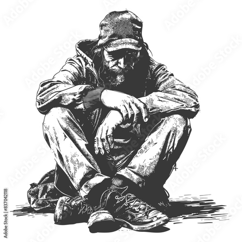 homeless full body with engraving style black color only