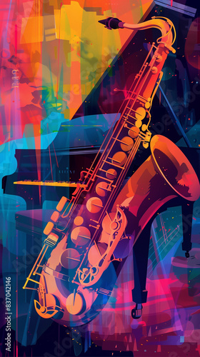 jazz background design with a saxophone and a piano, created with generative AI technology