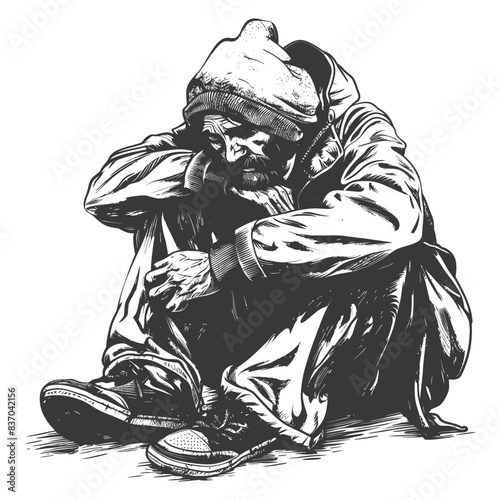 homeless full body with engraving style black color only