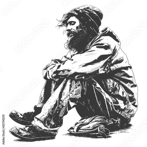homeless full body with engraving style black color only