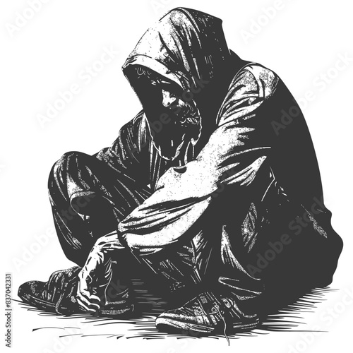 homeless full body with engraving style black color only