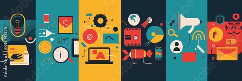 Digital Communication Infographic. A vibrant four-panel infographic banner showcasing a range of digital communication tools and concepts, ideal for professional networking sites.