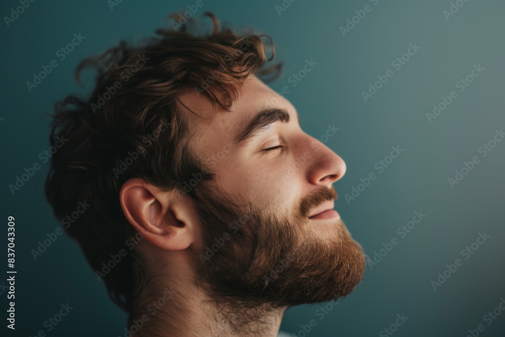 Obraz premium A close up of a man with beard and closed eyes looking to a side