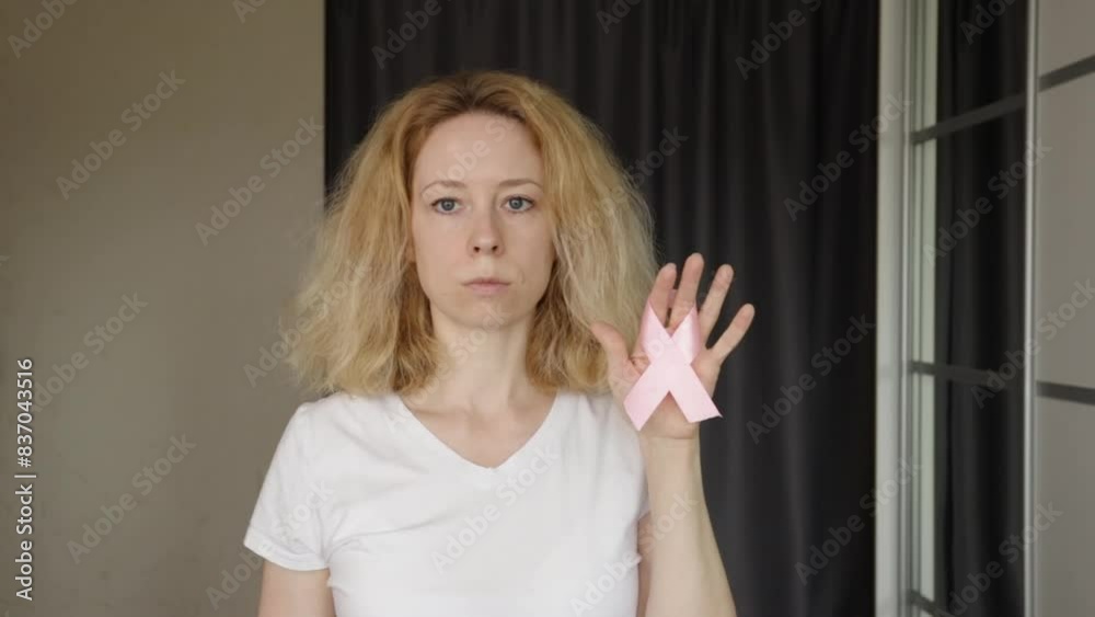 Breast cancer, woman with pink ribbon symbol at home, representing oncology and patient support.