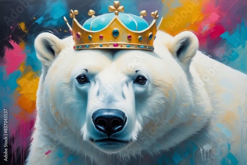 Colorful abstract portrait painting of a cute adorable polar bear animal with crown.	