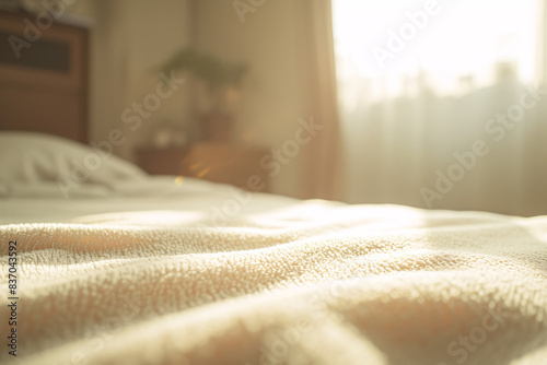 A cozy bedroom with a sunlit bed and soft shadows, creating a warm and inviting atmosphere in the morning photo