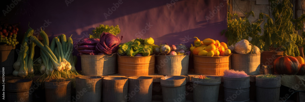 Fototapeta premium various vegetable containers on the edge of a market stall near sunset. Banner