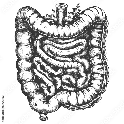 human intestine with engraving style black color only