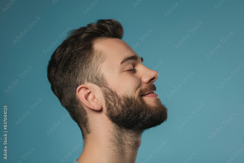 A close up of a man with beard and closed eyes looking to a side A close up of a man with beard and closed eyes looking to a side
